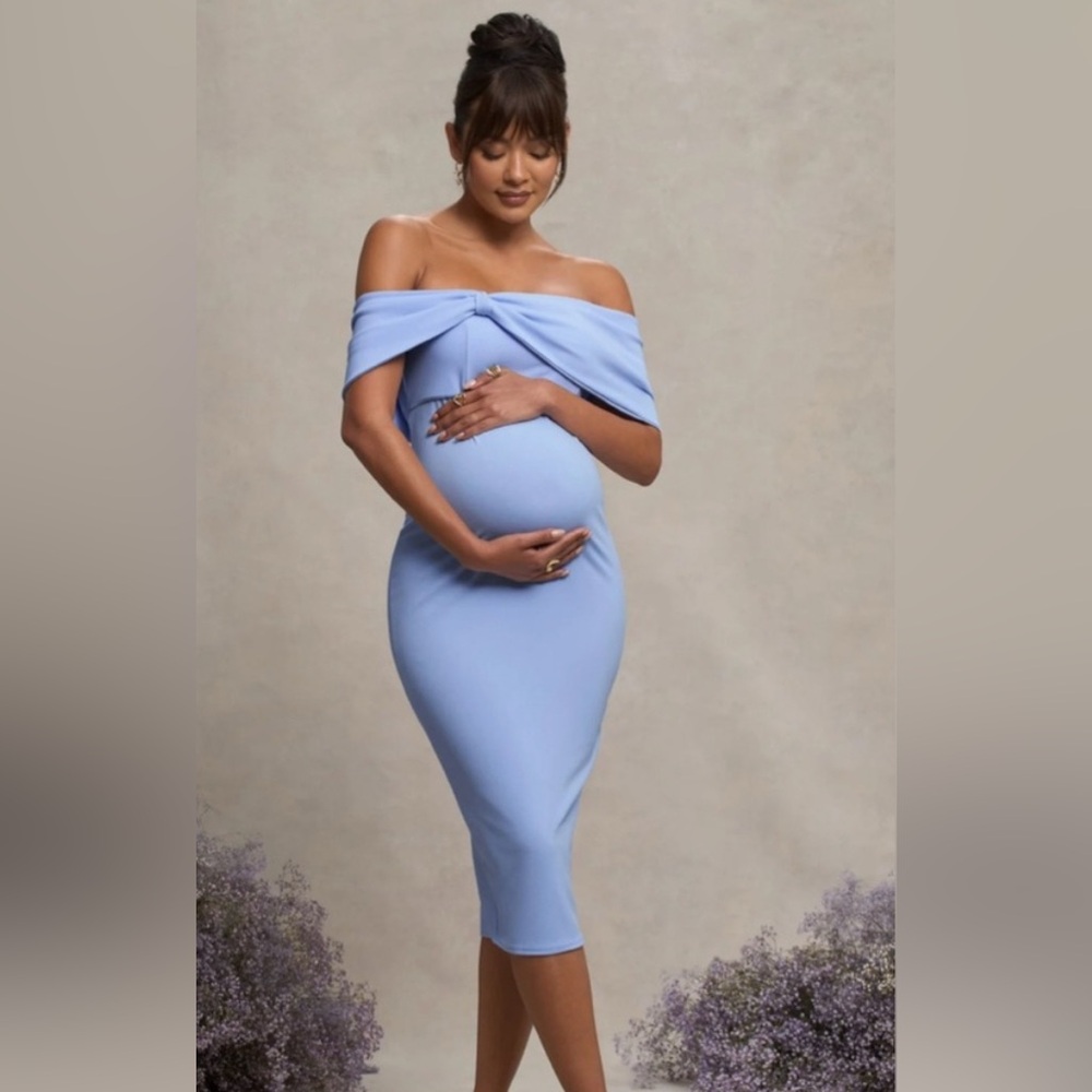 Club London | Alyssa | Powder Blue Bardot Bow Maternity Midi Dress with Ruching